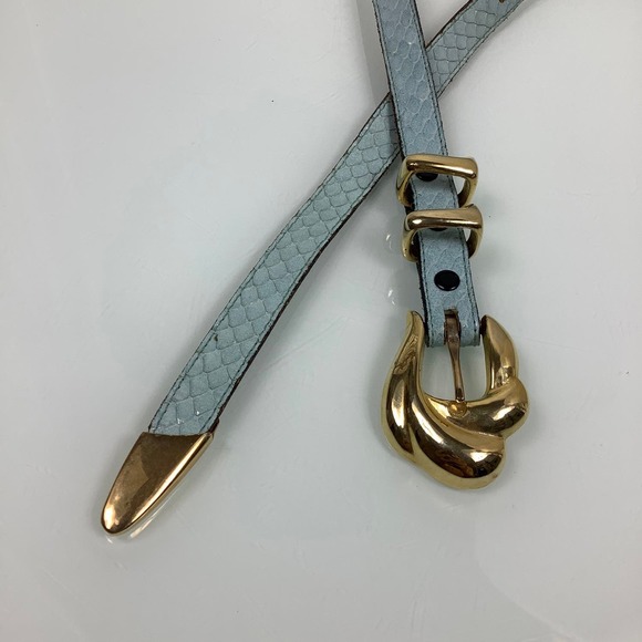VTG Apple Acc of NY Snakeskin Leather Tiffany Blue Skinny belt SZ M EUC - Picture 6 of 10